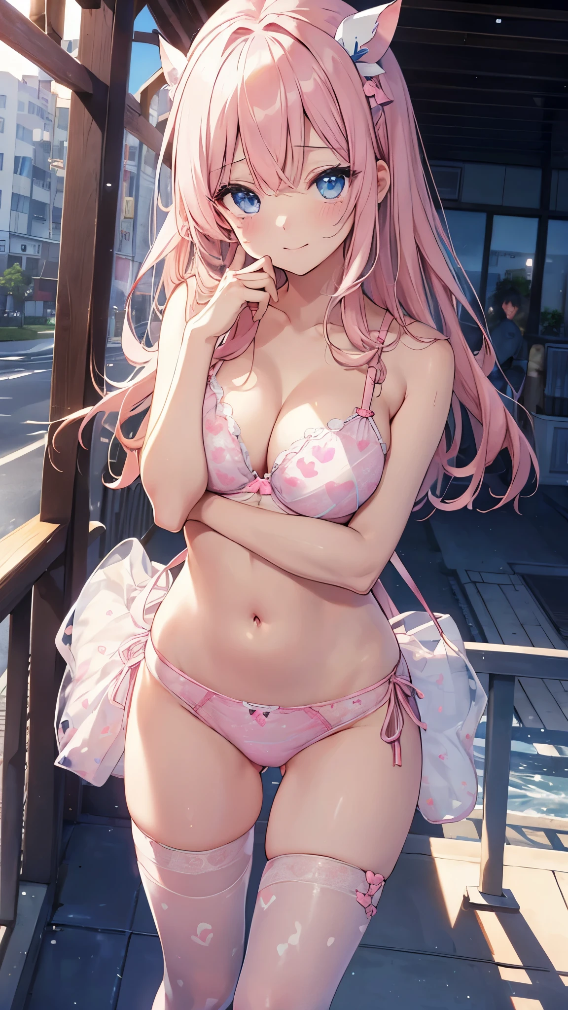 Standing on the balcony、ピンクのビキニを着てblue eyesをしたアニメの ピースが飛ぶ、Highest quality、High resolution、Hmph、Pixel perfect、1 person、cute、Perfect body、Anatomically correct、Beautiful eyelashes, Realistic eyes、smile、((Clear pink heart print bra))、((Clear pink heart pattern panties))、Wear only underwear、Smooth texture:0.75、Outdoor blue sky、I can see your pants、I can see your bra、Bright overall、Cinematic Light、Angle from behind、(Turn your buttocks towards you)、blonde、blue eyes