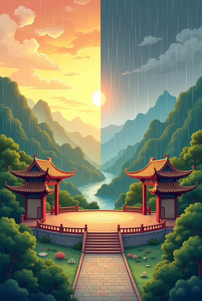 2D cartoon image of the ancient Leping stage with half sunny and half rainy