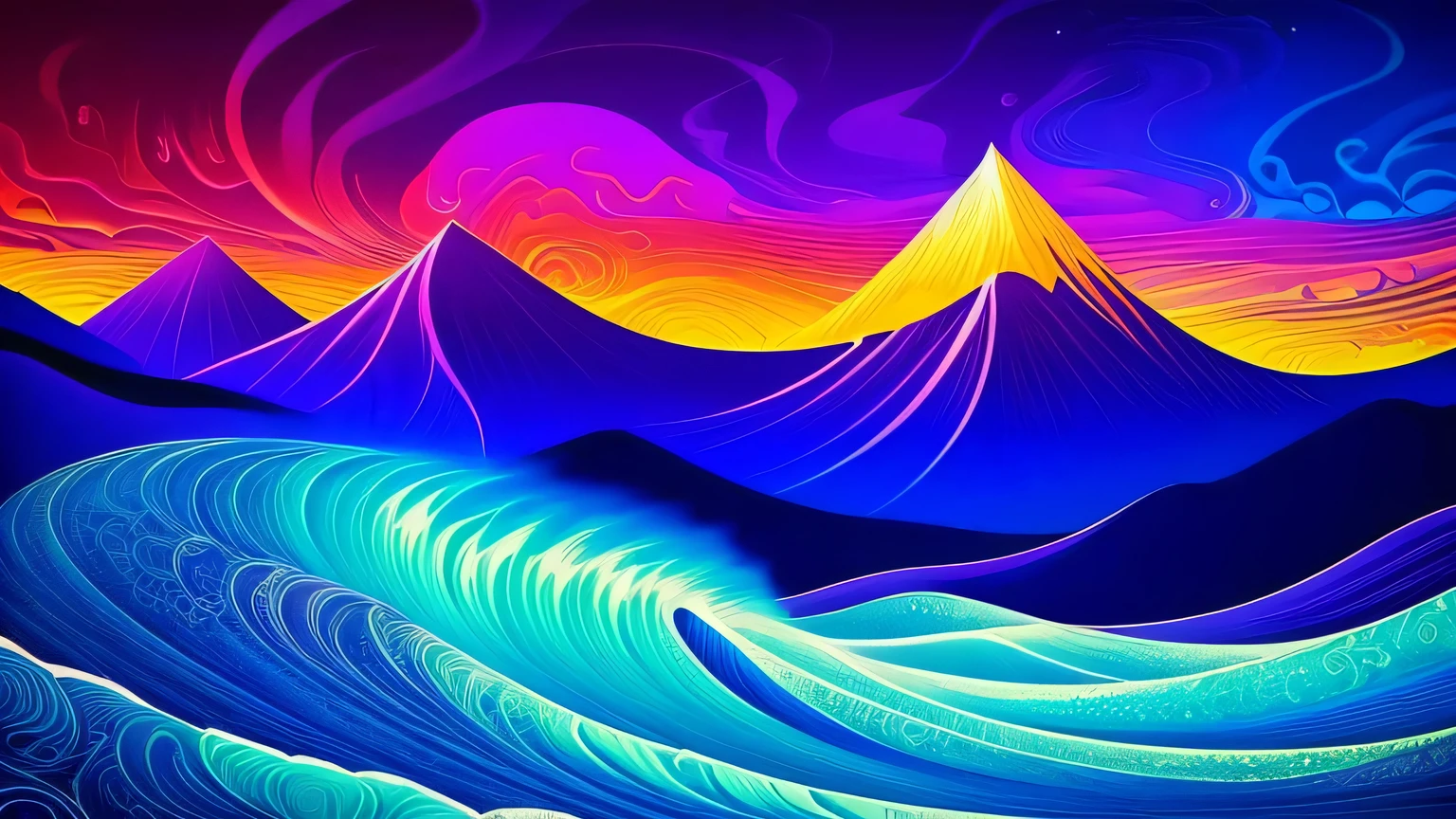 a black shirt with a mountain and waves in the background, Surreal psychedelic design, Psychedelic illustration, Ondas LSD, Psychedelic landscape, : psychedelic ski resort, psychedelic waves, infinite psychedelic waves, complex digital art, arte digital elaborada, psychedelic ski resort, psychedelic art style, dmt waves, intricate psychedelic patterns, intricate 3d illustration, complex digital painting, colorful illustration