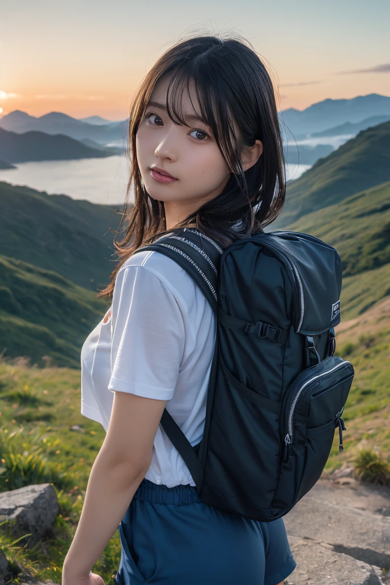 Highest quality, masterpiece, Ultra-high resolution, (Realistic:1.3), RAW Photos, (Nature landscape photography), (Majestic Mountain, sea of clouds), (At the top of a very high mountain), (sunset),
(one person's), (Upper Body), (20-year-old), (smile:0.9), (Glowing Skin), (short hair, Dark brown hair),
(White T-shirt), (Trekking shorts), (Carry a large backpack on your back),
(Ultra detailed face), (Super beautiful poop), (Highly detailed eyes), (Highly detailed nose), (Highly detailed mouth), (Very skilled hands), (Super-detailed body), Sony a7, 85mm lens, f9.0, Pan Focus