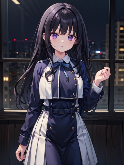 One person 、Stand in front of the audience、Takiuchi, Check it out, Long Hair, bangs, Black Hair, (Purple eyes:1.2), Break Shirt, Long sleeve, dress, ribbon, , White shirt, Collared shirt, belt, Neck ribbon, Blue dress, 緑のribbon, Pleated dress, grey dress, Two-tone dresses, Blue belt, Uniform wine, Outdoor break, city, break (masterpiece:1.2), Highest quality, High resolution, unity 8k wallpaper, (shape:0.8), (Beautiful details:1.6), Highly detailed face, Perfect lighting, Extremely detailed CG, (Perfect hands, Perfect Anatomy),Large Breasts