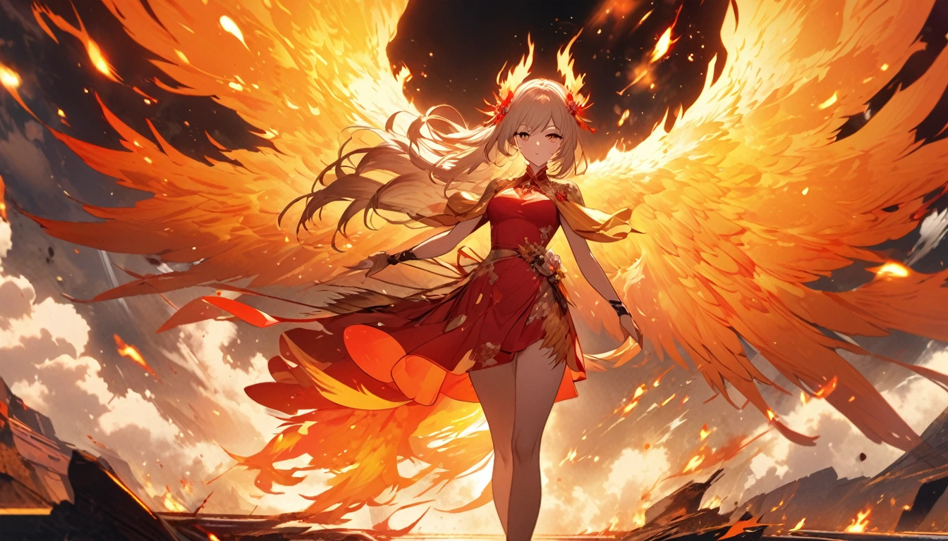 a beautiful woman in a red dress stands in front of a big bird, with fiery golden wings of flame, decorated with fiery explosions, artwork of a phoenix, ''Phoenix wallpaper, ''Phoenix wallpaper resting, with fiery golden wings, Anime-Fantasie-Illustration, Holy Fire Magic, Phoenix from the ashes, masterpiece, Anime-Fantasy-Artwork, epic anime artwork