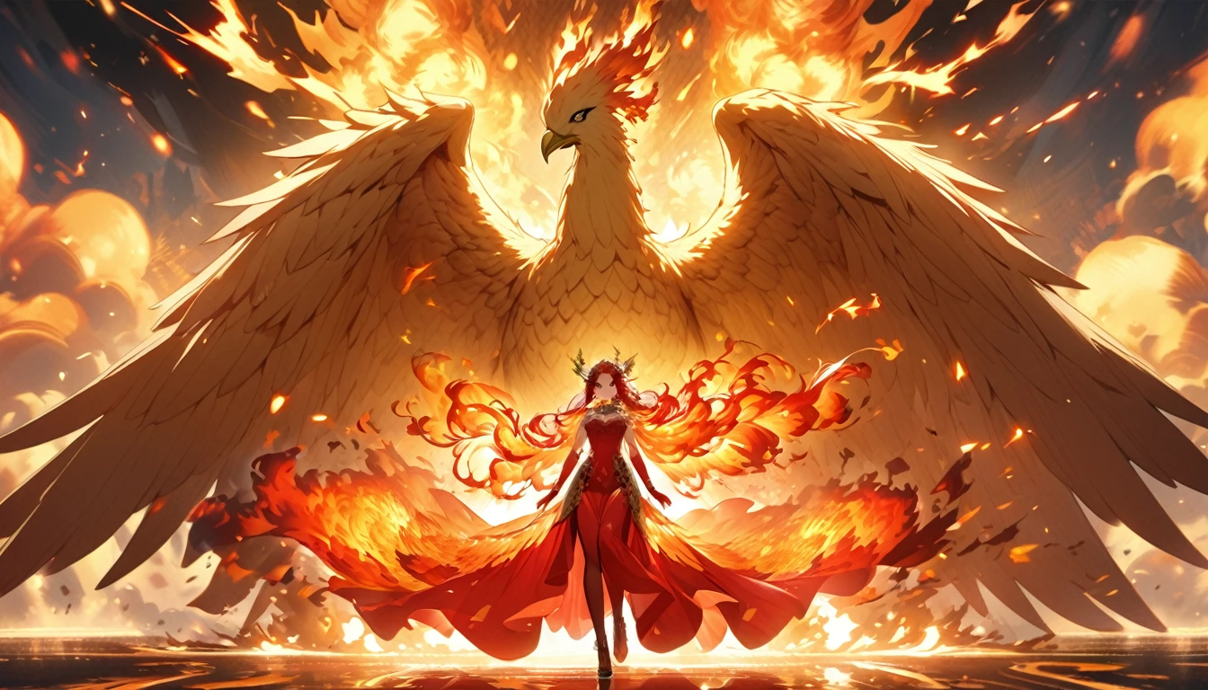 a beautiful woman in a red dress stands in front of a big bird, with fiery golden wings of flame, decorated with fiery explosions, artwork of a phoenix, &#39;&#39;Phoenix wallpaper, &#39;&#39;Phoenix wallpaper resting, with fiery golden wings, Anime-Fantasie-Illustration, Holy Fire Magic, Phoenix from the ashes, ​masterpiece, Anime-Fantasy-Artwork, epic anime artwork