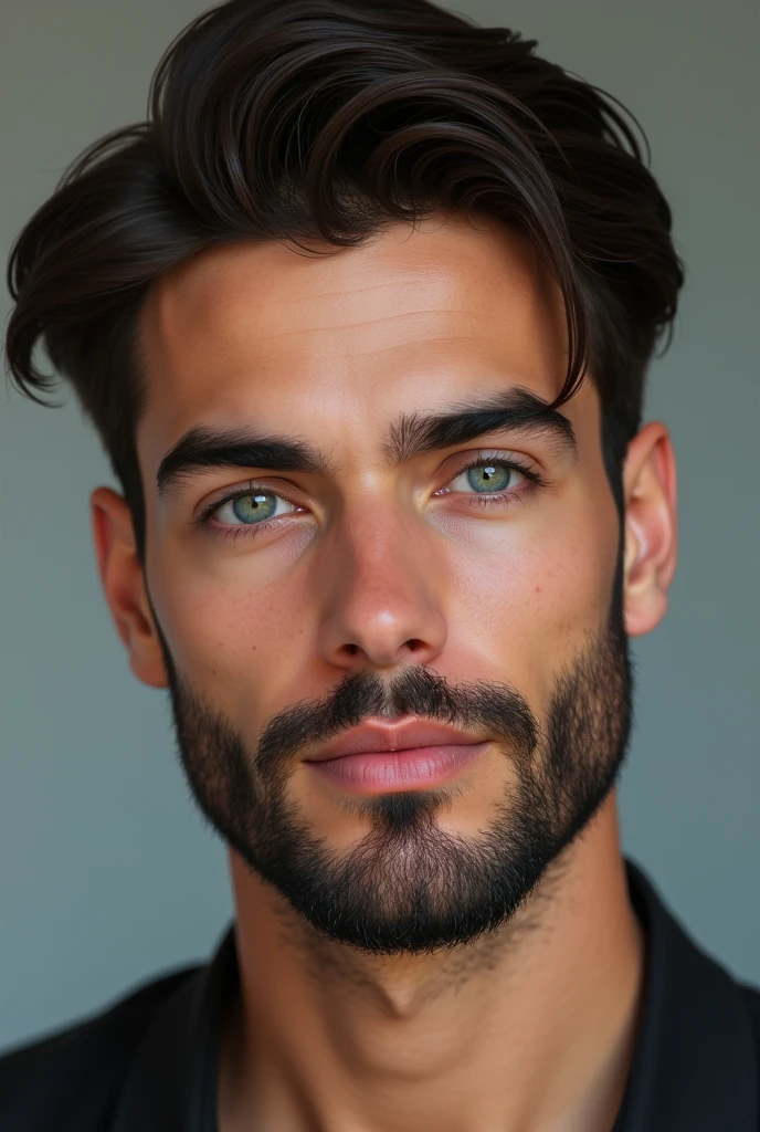 Dark brown, Side parting, smooth and short haired. Light brown and short full beard. Thin cheeks. Blue mixed with green eye color. young looking. Without wrinkles and jewelry. narrow chin.