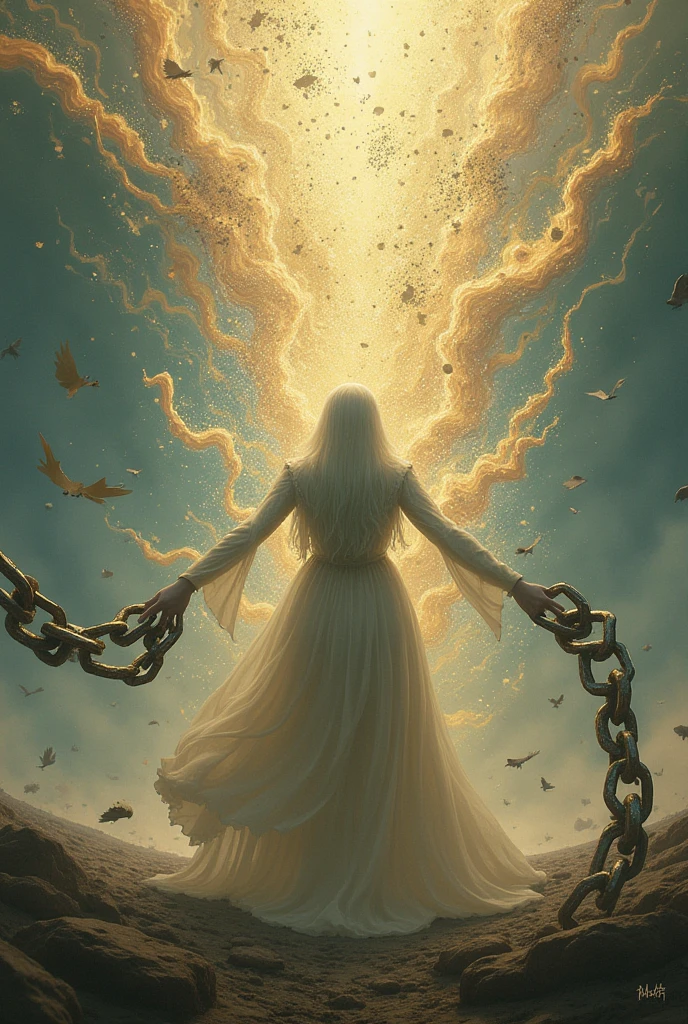 An image of chains breaking and words flying