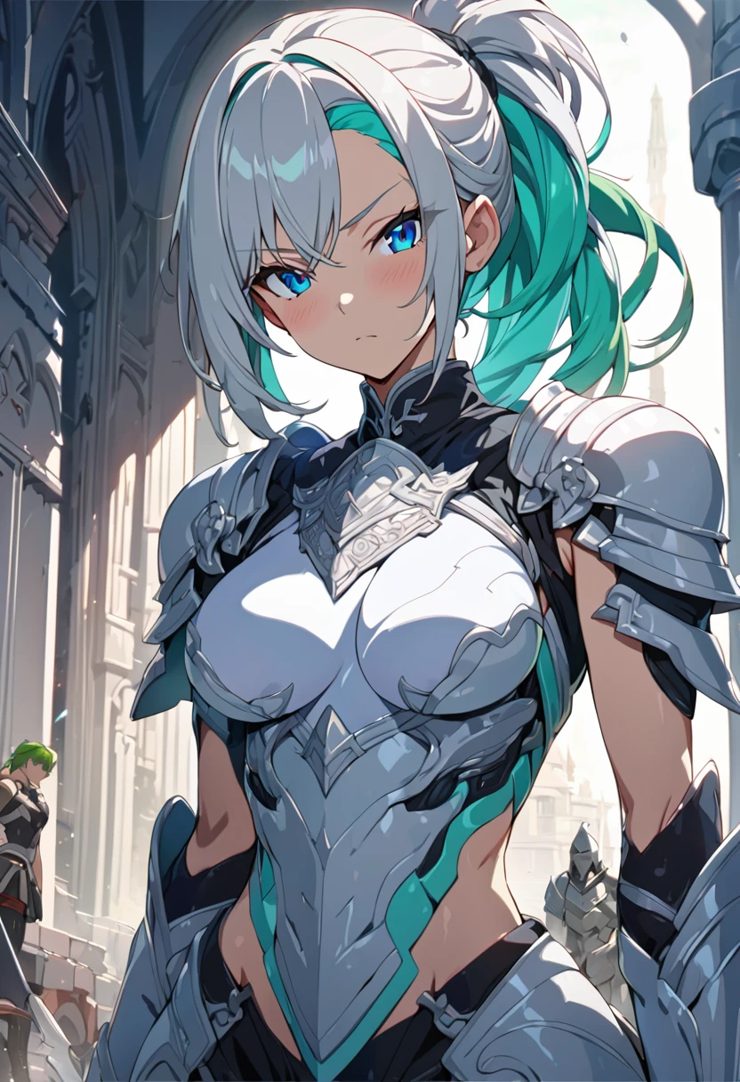 woman　slender　Fantasy　sword士　Light clothing　armor　sword　Blonde　 Silver Hair　 Red hair　 Green Hair　Blue Hair　Half naked　Backwards　Landscape　
