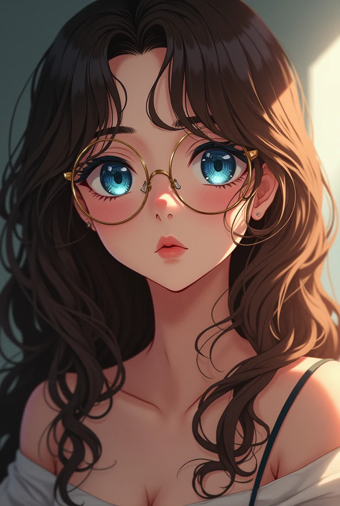 Realistic anime woman, long brown hair with big curls, bright dark blue eyes, round and golden glasses, calm expression and looking down 35 years old