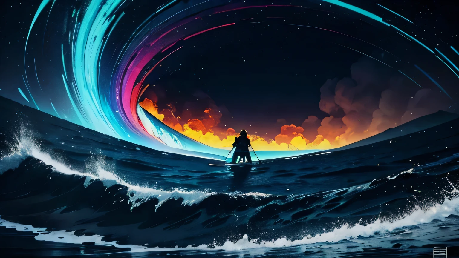 a black shirt with a mountain and waves in the background, Surreal psychedelic design, Psychedelic illustration, Ondas LSD, Psychedelic landscape, : psychedelic ski resort, psychedelic waves, infinite psychedelic waves, complex digital art, arte digital elaborada, psychedelic ski resort, psychedelic art style, dmt waves, intricate psychedelic patterns, intricate 3d illustration, complex digital painting, colorful illustration