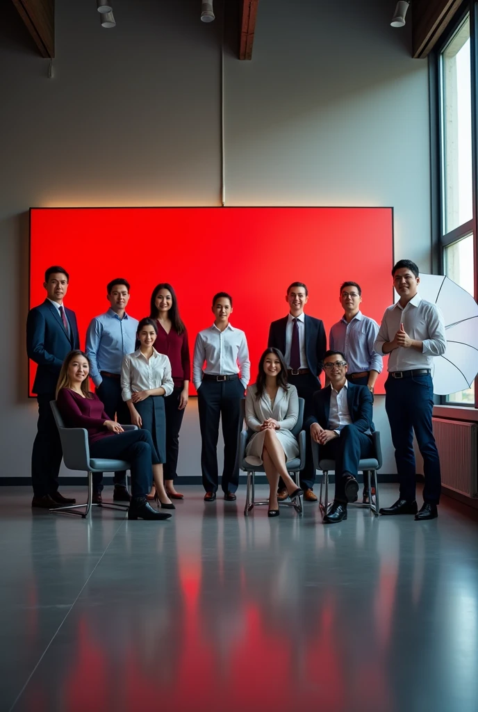 I want a horizontal business photo during the day, In the place on the back wall there is a horizontal opaque red painting , On the right there is a large window that lets in light and on the left there is a wall, and there will be a flash with a translucent umbrella illuminating the part that is in shadow. You will see 13 people looking at the camera, some standing and others sitting.