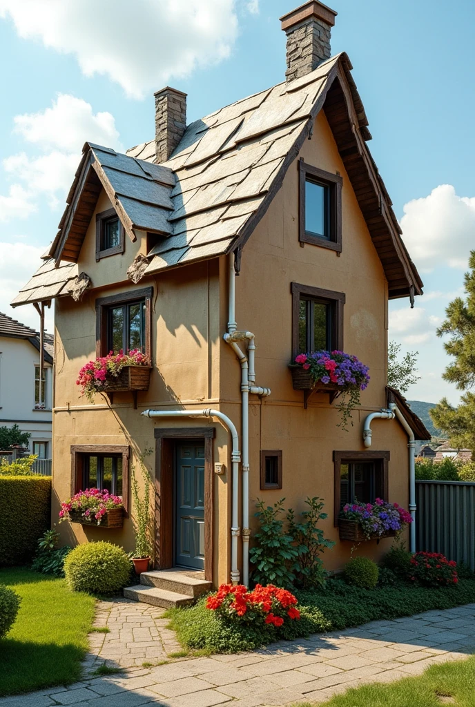 a hilariously rubbish and naff house made out of cardboard boxes, tin foil and drain pipes sticking out in all directions, in a suburban city. this house looks charmingly naive and has plastic flowers in windowboxes.
