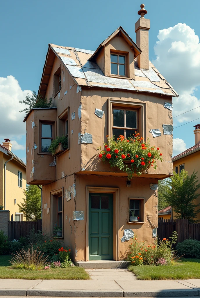 a hilariously rubbish and naff house made out of cardboard boxes, tin foil and drain pipes sticking out in all directions, in a suburban city. this house looks charmingly naive and has plastic flowers in windowboxes.