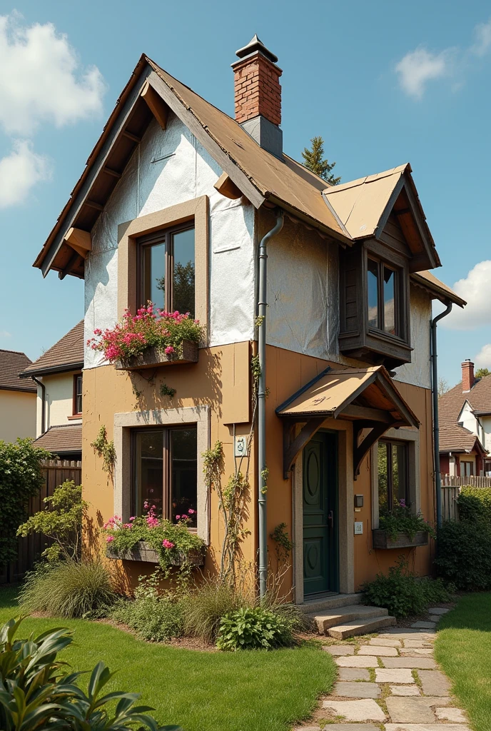 a hilariously rubbish and naff house made out of cardboard boxes, tin foil and drain pipes sticking out in all directions, in a suburban city. this house looks charmingly naive and has plastic flowers in windowboxes.