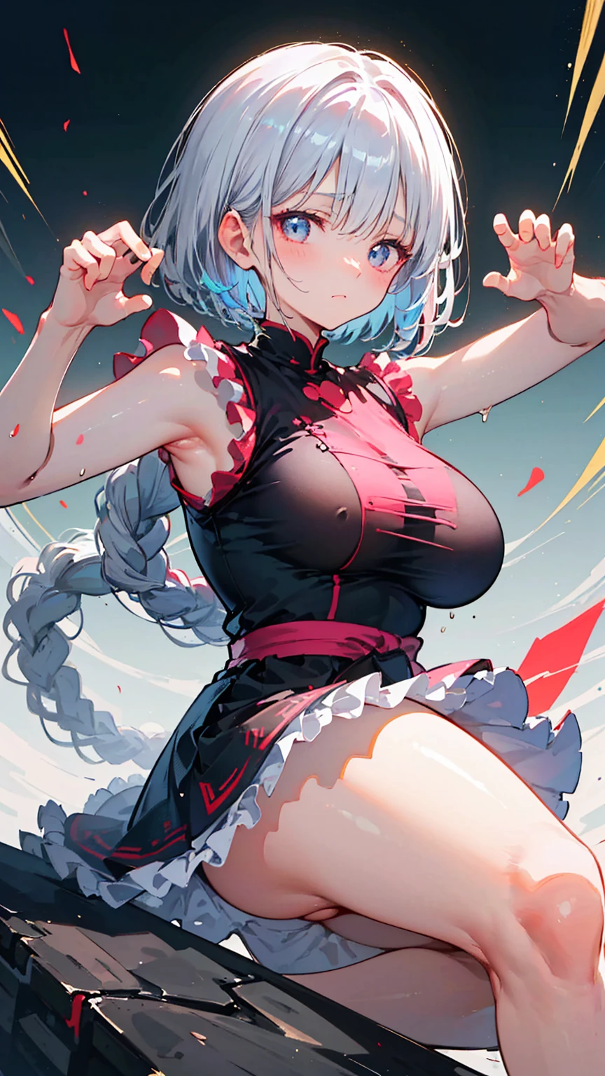 Ultra-high resolution, 8k,high quality,(((Cute tops,Martial Artist,Frills))),(Retrospective angle,Cunning Hand),(、glowing、iridescent light,soft shadow,Anime Painting,thin line drawing),One Little Woman,(((giga breasts,))),