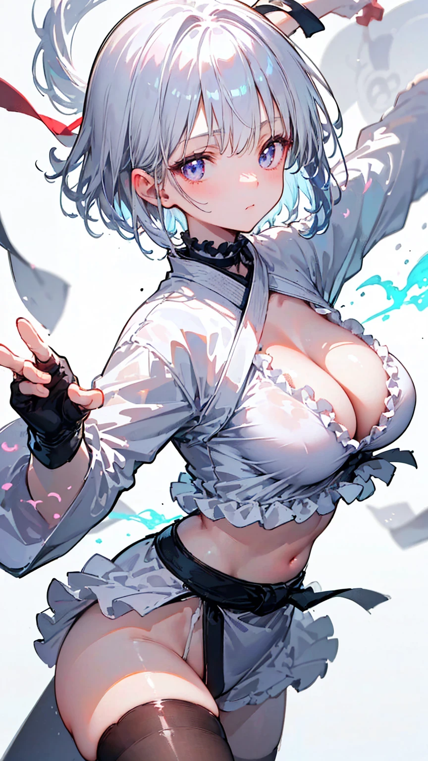 Ultra-high resolution, 8k,high quality,(((Cute tops,Martial Artist,Frills))),(Retrospective angle,Cunning Hand),(、glowing、iridescent light,soft shadow,Anime Painting,thin line drawing),One Little Woman,(((giga breasts,))),