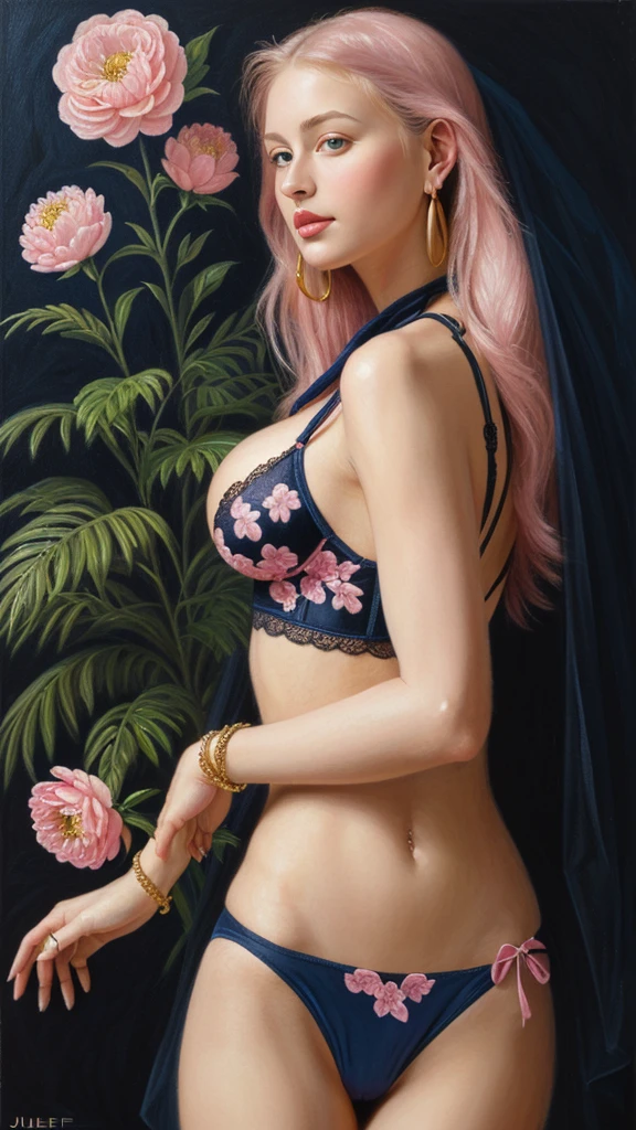 oil painting featuring a 18yo girl surrounded by lush plants. A blonde curvy-girl(with a large breast, bright blue-eyes, very pale skin, bold pink-lips, long blonde-hair(combed back))hourglass figure(large breasts). ((Dressed in a black-veil (floral-intricate design), and adjustable ((Pink/navy-blue))-Satin-bikini-set with a lace-trims details(undersized halter bra(that accents her ample bust, almost bursting out), with a side tied thong, gold earrings and bracelets)): In this evocative fine art photograph captures a melancholic a Blonde bombshell. As an asymmetric pose(She is holding a plastic bag, while is surrounded by lush plants),(with gold upholstery), at her back a part of painting inspired by(Pierre Auguste Cot, Daniel F. Gerhartz, Jules Joseph Lefebvre, Bouguereau, Albert Lynch, Roberto Ferri), balanced, graceful, 'aesthetically pleasing', highly detailed oil painting, a fine art painting, figurative art, (((Oil painting in a pink/black /Navy Blue-monochrome theme, with accents in Yellow colors))). ((FROM THE BELOW VIEW))
big breast almost nude