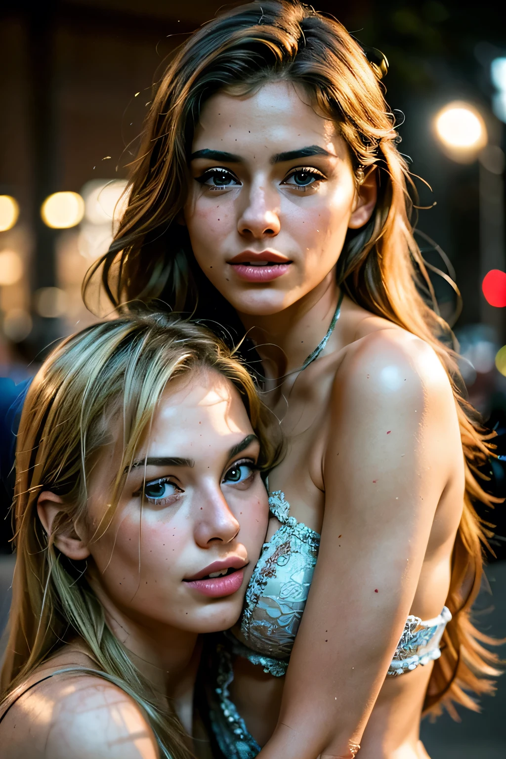 Photorealistic:1.4), (Raw photo, 8k, best quality, masterpiece, high resolution), high detailed faces, medium shot portrait photo, (2girls:1.3), hugging, blonde one and second brunette posing for picture, model-shoot style, magazine cover photo style, professional photograph, highly detailed, (beautiful, hot, attractive), soft sensual lighting, hyperrealism, ultra realism, cinematic portrait, film grain, bokeh, evening shot, beatiful faces, (smile:0.4)