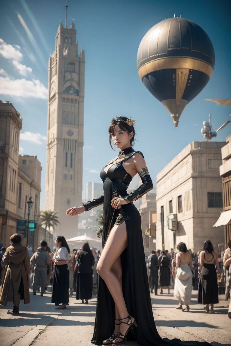 Woman in futuristic dress stands in front of a large crowd of people, large dieselpunk flying airships, dribble, Inspired by Gil Elvgren, fantasy paladin female, Inspired by Mark Brooks, [ Bubble, Portrait of Helen of Troy, Science-Fiction, silver-armor  