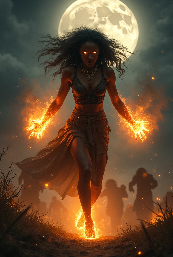 A black woman with her hands on fire running on a full moon night terrorizing people