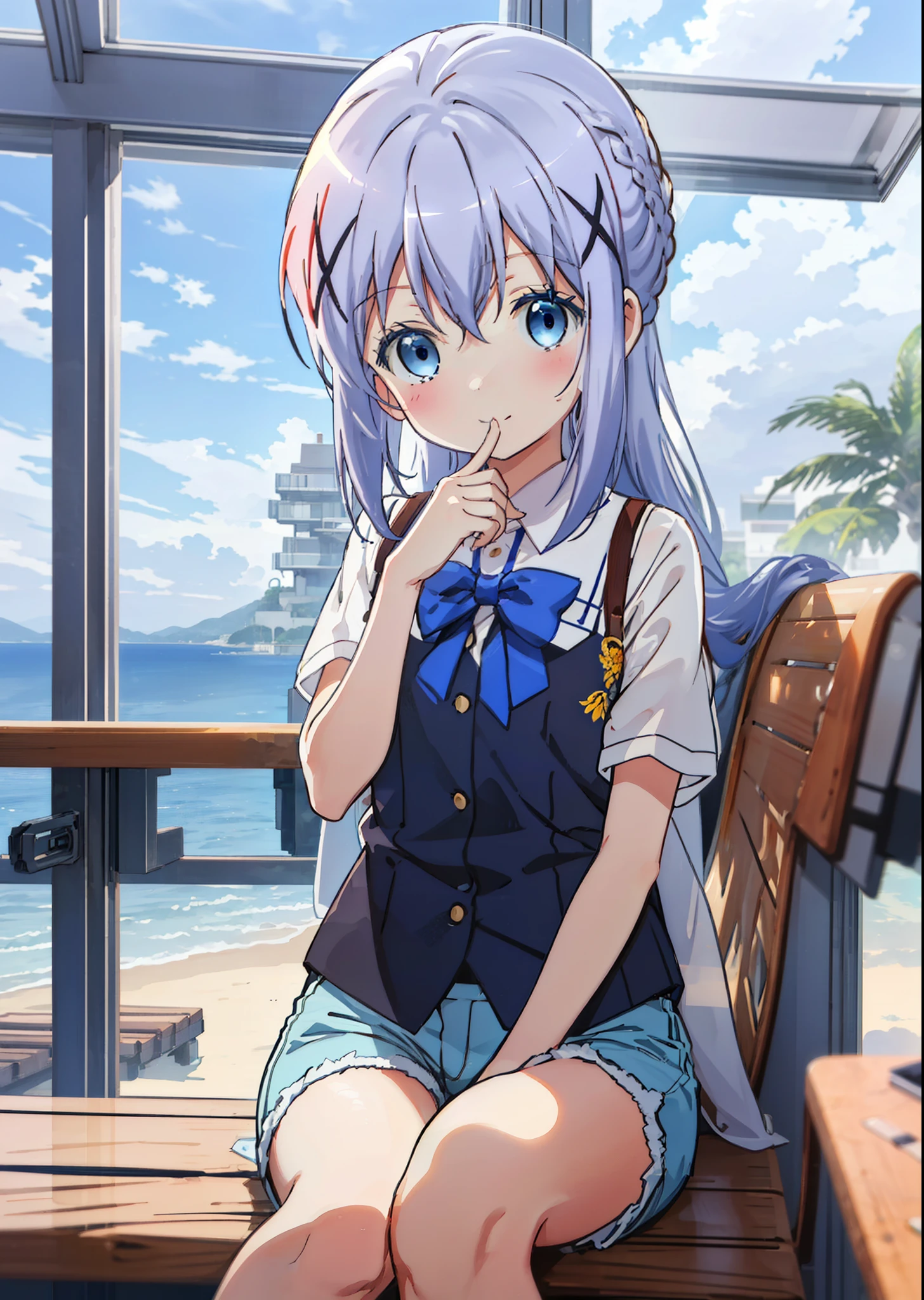 Chino Kafuu, Short-sleeved uniform,evening,Sunset sky,Seaside,orange clouds,Check it out, long hair, bangs, blue hair, (Blue eyes:1.2), Blue_Shorts, sit down,sitting,Daytime,Clear skies,Palm tree,Walking,smile,Close your mouth,blush,whole bodyがイラストに入るように,
BREAK outdoors, tropical,Tropical,Coastal Road,
BREAK looking at viewer, whole body,
BREAK (masterpiece:1.2), Highest quality, High resolution, unity 8k wallpaper, (figure:0.8), (Beautiful attention to detail:1.6), Highly detailed face, Perfect lighting, Highly detailed CG, (Perfect hands, Perfect Anatomy),