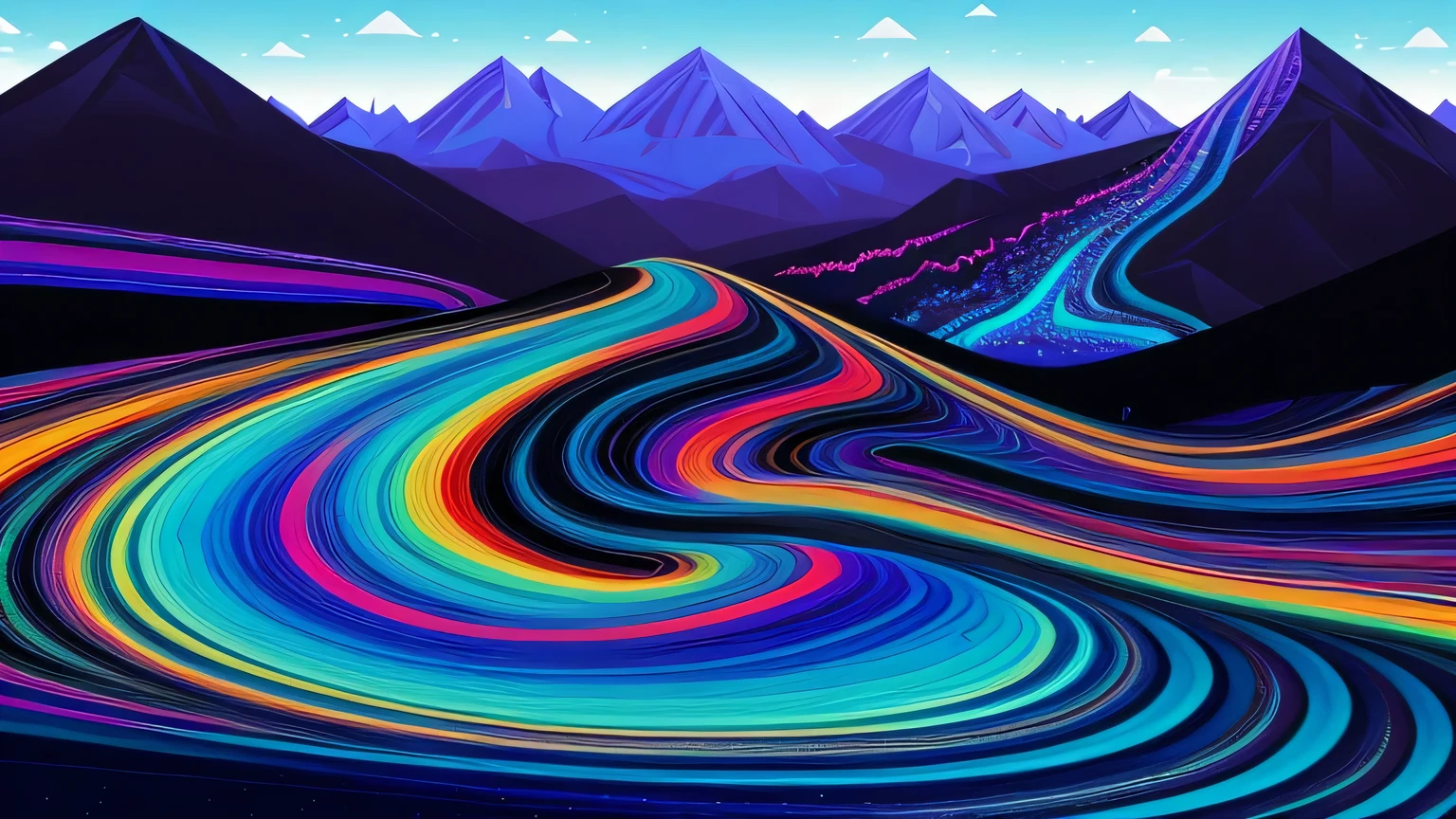 a black shirt with a mountain and waves in the background, Surreal psychedelic design, Psychedelic illustration, Ondas LSD, Psychedelic landscape, : psychedelic ski resort, psychedelic waves, infinite psychedelic waves, complex digital art, arte digital elaborada, psychedelic ski resort, psychedelic art style, dmt waves, intricate psychedelic patterns, intricate 3d illustration, complex digital painting, colorful illustration