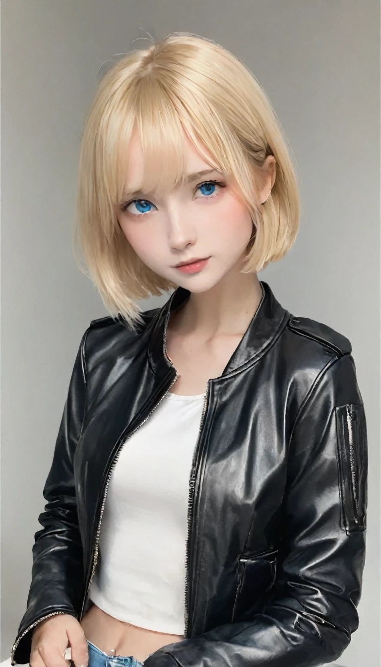 Highest quality、masterpiece、(((Black leather jacket:1.37、Black leather jacket、Black jacket)))、break、angle above the knee、Beautiful and fair、Glowing Skin, 3 Up, Nice, bright, Refreshing and gentle look, Perfect beautiful face、Blonde Short Hair,Beautiful shiny bangs, Very beautiful girl, eyeliner, so perfect and beautiful、Sky blue eyes,Small breasts,The original skin is visible through the grooves、break、(((White Latex Bra:1.37、タイトなWhite bra、White bra))),break、(((American Bike、Harley-Davidsonのモーターサイクル)))、nice、Dim lighting、Black Wall、Spotlight