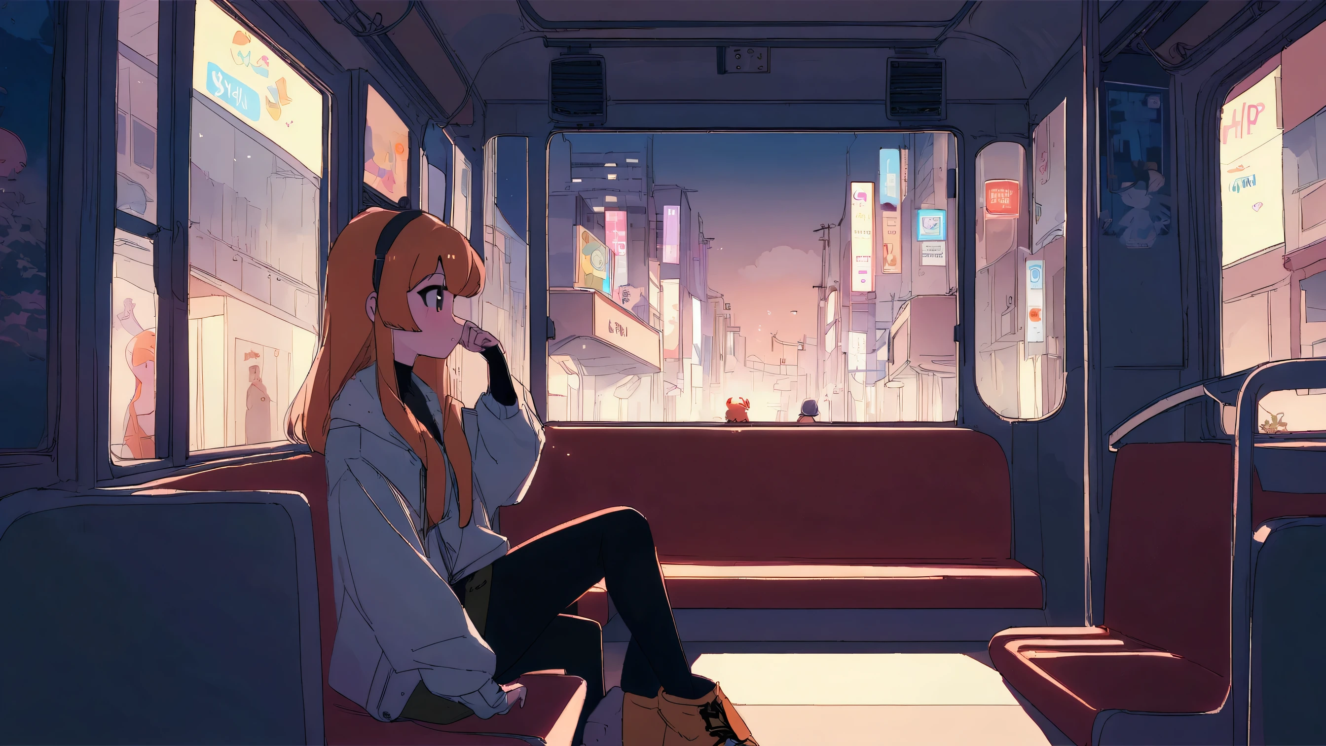 anime girl sitting on a bus looking out the window at the city, an anime drawing by Yuumei, trending on cg society, digital art, lofi hip hop, lofi girl, lofi artstyle, lofi art, lofi feel, chillhop, lofi vibes, lofi aesthetic, lofi, lofi girl aesthetic, anime aesthetic