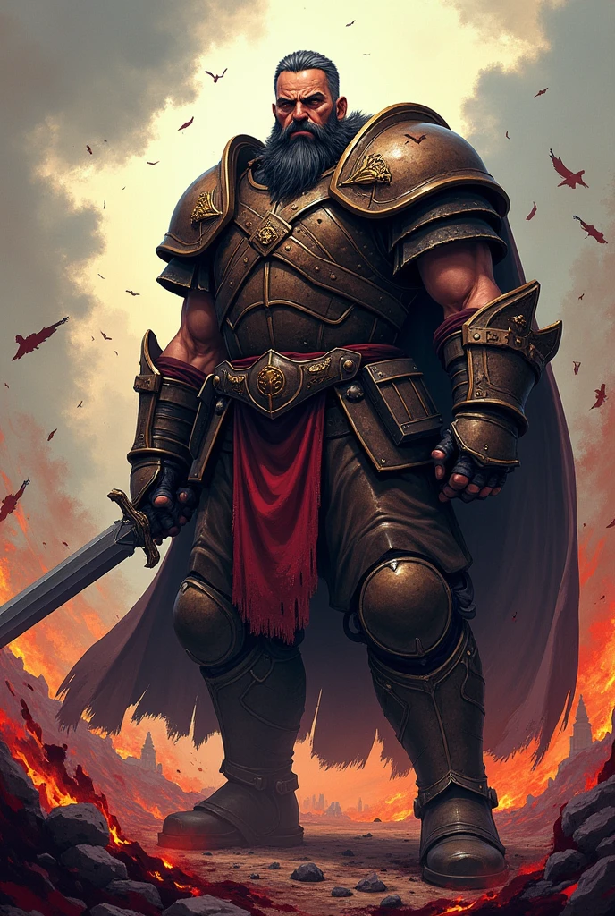 warrior, short grey hair, Black Beard, brown eyes, in armor, hard eyes, hard face, bloody battlefield in the background, Anime Style