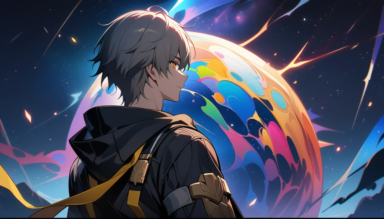 1boy, male focus, caelus, trailblazer, honkai star rail, masterpiece, best quality, close up, back turned, looking over shoulder, cosmic night, fantasy, stars, absurdres, epic composition, centered, masterpiece, clean lineart, clean anime outlines, best quality, high quality, high details, super detail, anatomically correct, best quality, ultra-detailed, colorful, dynamic lighting, HD,