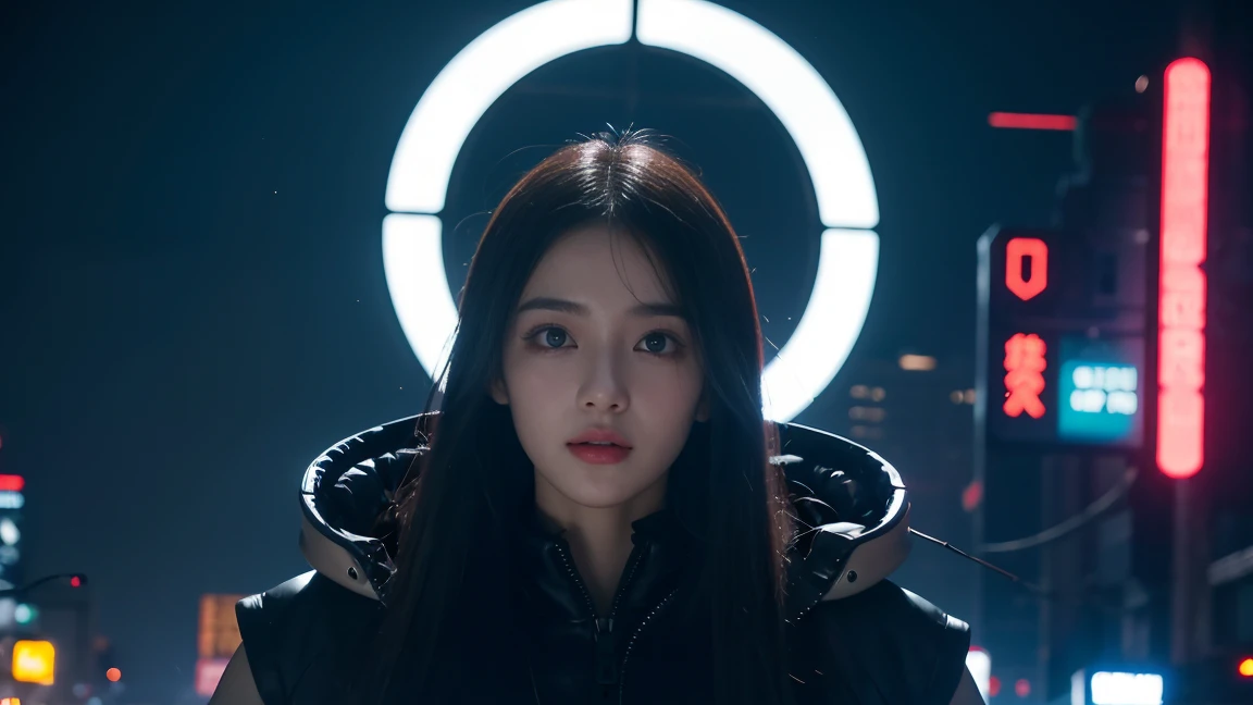 In a cyberpunk cityscape of futuristic technology and neon lights,People wearing black,Beautiful woman with perfect figure,Her face is even more perfect,Like a pure messenger from another world。her skin is white and transparent,eyes are big and bright,Shining with curiosity and wisdom,Her nose is delicate,Lips are soft and slightly open,Each smile seems to spread the light of life throughout this steel forest.。
Her face contrasts with her surroundings,She is like a light,Beyond the barriers of time and space,With a mysterious and pure mission,Appearing in this complex world。Even in a cyberpunk city filled with futuristic technology,Her beauty and perfection are still undiminished by prosperity,on the contrary, More visible,She charms everyone who passes by her。
She's part of the cyberpunk world,It seems like he keeps a certain distance from this world.,By her presence、This futuristic city will be filled with metal and electronics,Increased human warmth and innocent beauty。Her every move,Any expression,They are all、Quietly telling stories about the future、A story of hope and dreams。