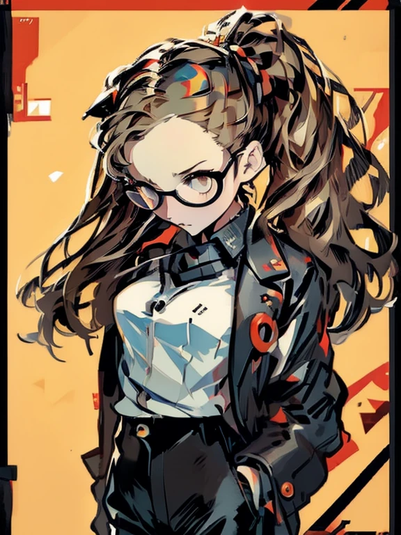 ((chibi)), big head, focus face, flat avatar, in the art style of persona5, (masterpiece:1.2, highest quality), (Realistic, photoRealistic:1.4), Beautiful illustrations, (Natural Side Lighting, Cinema Lighting), Written boundary depth, Beautiful thighs staring at the viewer, 1 female, 20-year-old, alone, thin, slender, (small breasts), long Hair, twintails, Forehead, Forehead, Forehead, Forehead, thin, slender, glasses, ((Skinny black pants, collared shirt)), Are standing, (((glasses))), ((Close-up)), ((Close-up)), ((Close-up))