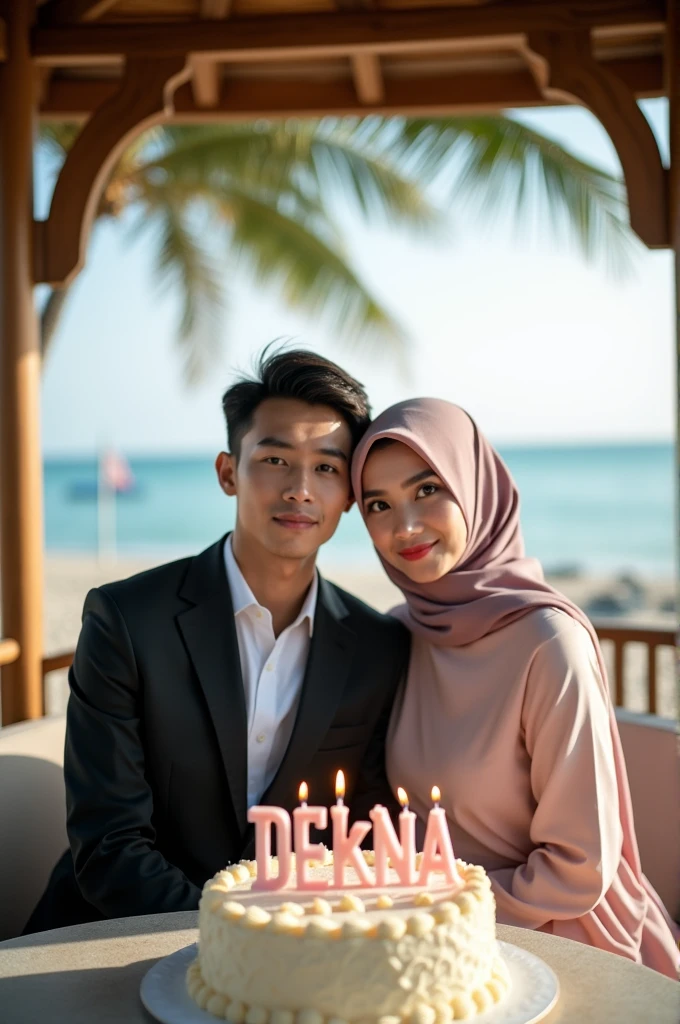 Portrait of young Indonesian man wearing suit and young Indonesian woman wearing hijab gamis,sitting holding a birthday cake in a gazebo on the beach,face pose in front of the camera,and on the birthday cake there is the writing DEkNA and 29 candles