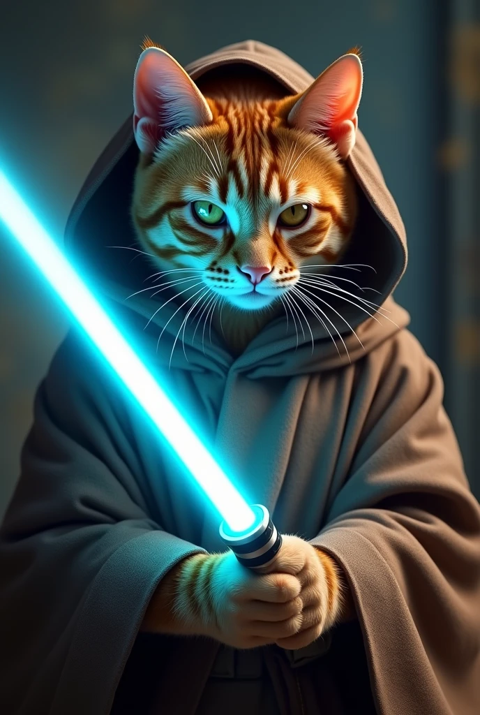 An orange cat wearing brown Jedi Master robe and hood,wielding a cyan lightsaber.dramatic,4k