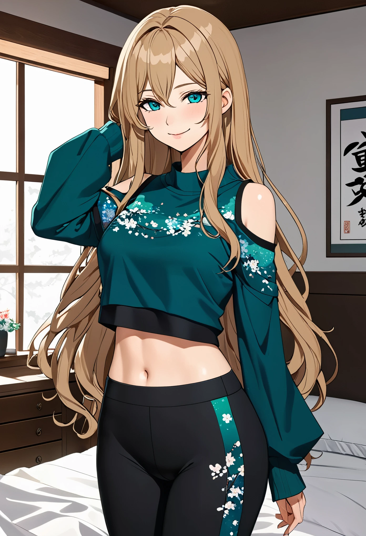 (masterpiece), (high resolution, 8k), (high detailed), woman mature, tall, (wavy long hair (dark blonde)), beautiful face, (close mouth:1.2), tired smile, small breast flat, wearing dark teal colored crystal themed cold shoulder japanese character themed top, black leggings pants with skirts layers, standing on bedroom, anime style, unaestheticXL_bp5, SimplePositiveXLv2