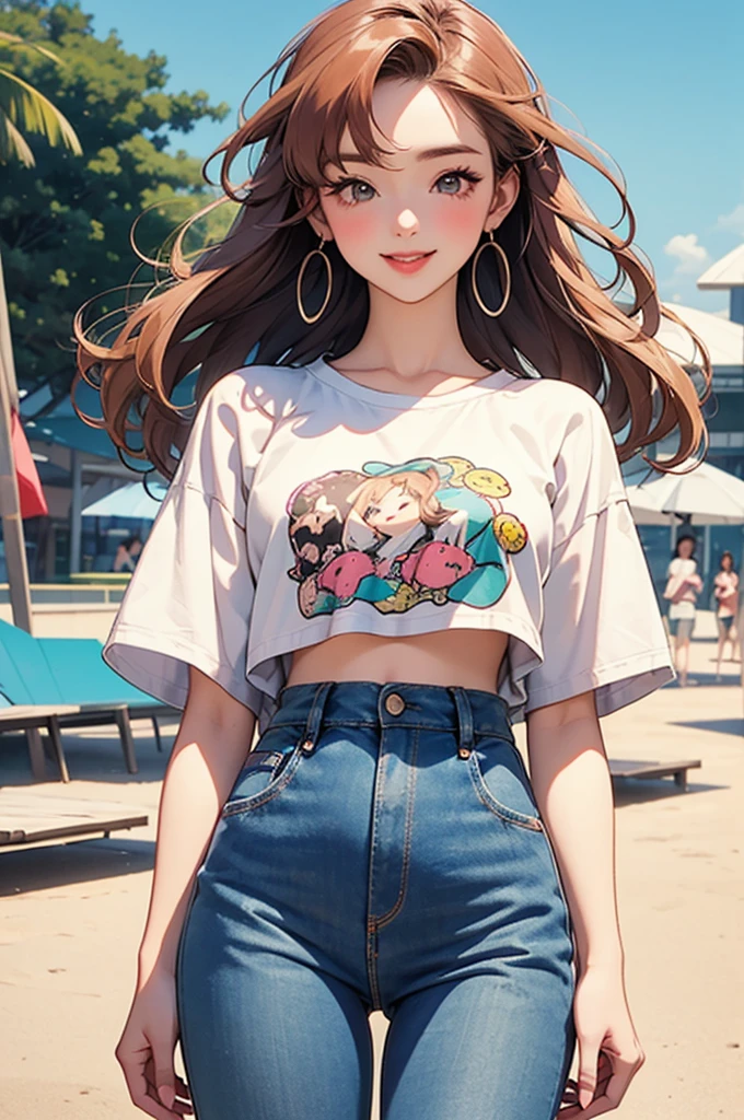 woman, 90's, retro, crop top,graphical design, 
Harajuku fashion in the 1990s、Animation illustrations from the 1990s、smile、Looking forward、front、Watching the audience、、Beach、Short sleeve shirt、jeans
