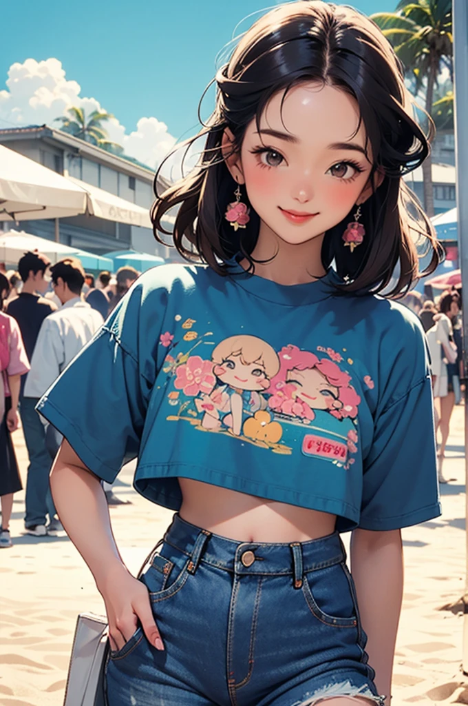woman, 90's, retro, crop top,graphical design,
Harajuku fashion in the 1990s、Animation illustrations from the 1990s、smile、Looking forward、front、Watching the audience、、Beach、Short sleeve shirt、jeans