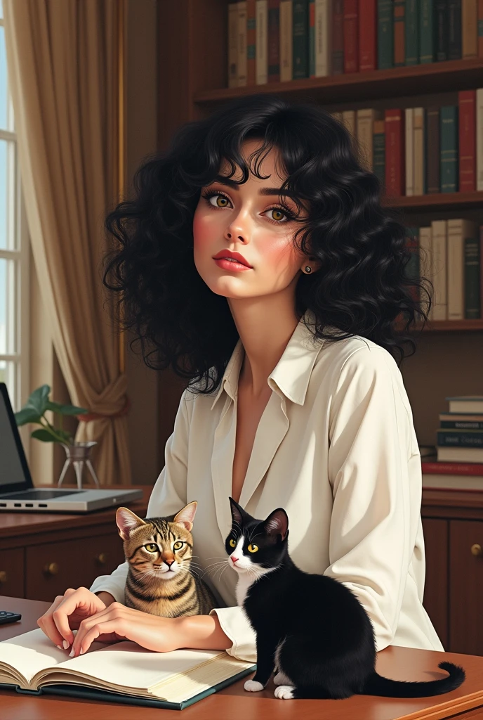Create a drawing of a white woman with black curly hair in a home office with a striped cat and another black and white cat