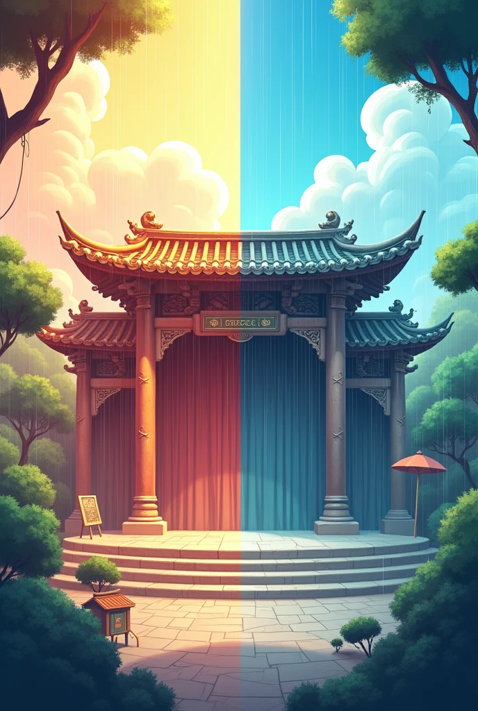 2 Cartoon picture of the Leping ancient stage with half sunny and half rainy