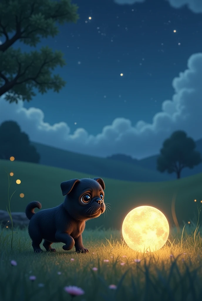 After the end of the phase, something very bright that crosses the sky and falls, curious, Juninho (black pug puppy) runs to the meteor to see what it was.