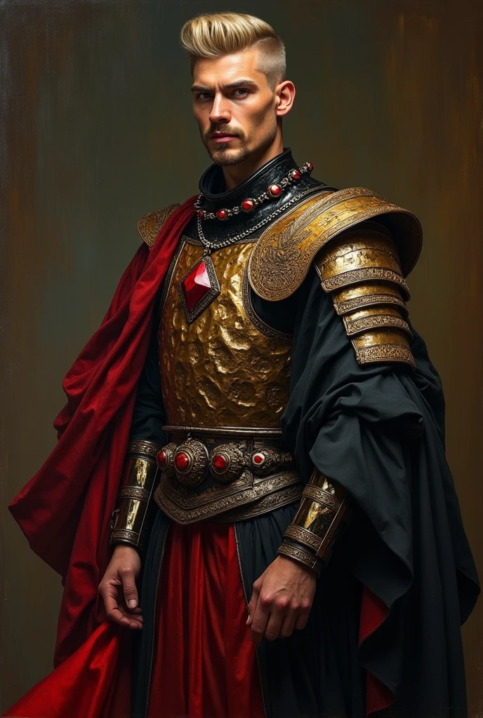 {{Masterpiece, best quality, realist oil painting, by Gustav Klimt, by Franz von Stuck, by Théodore Géricault, muted colors, male focus}}, (((((dramatic half body portrait of a 25 years old male ancient Emperor, solemn, valiant, upright, brown skin ,lean, blonde, smiling, goatee, buzzcut, kohl painted eyes))))). ((((he is wearing a black and red, iridescent silk draped, ronin uniform, armor lorica, made of sheen alligator leather, with Praetorian inspired elements, shogun inspired elements, wearing a large red diamond shape pendant)))).