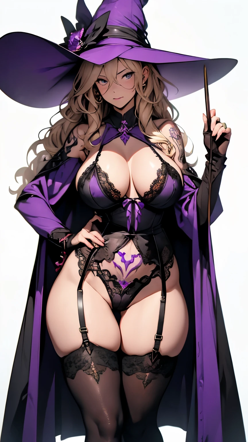 Big wooden walking stick、Blonde Wavy Hair、witch、((Purple sexy lingerie:1.5)、(Purple Cape)、Gold garter belt、Black knee-high socks、(Black decoration:1.5)、slit、Black Gloves、Black boots)、((Huge breasts:1.5)、Underboob、Sideboob、(glamorous、Absolute area、Camel toe、Thick thighs、Wide Hips、curve)、Revealing outfit、NSFW)、(Red glowing crotch tattoo:1.5)、Photographed from the front、witchの部屋、Action pose、
