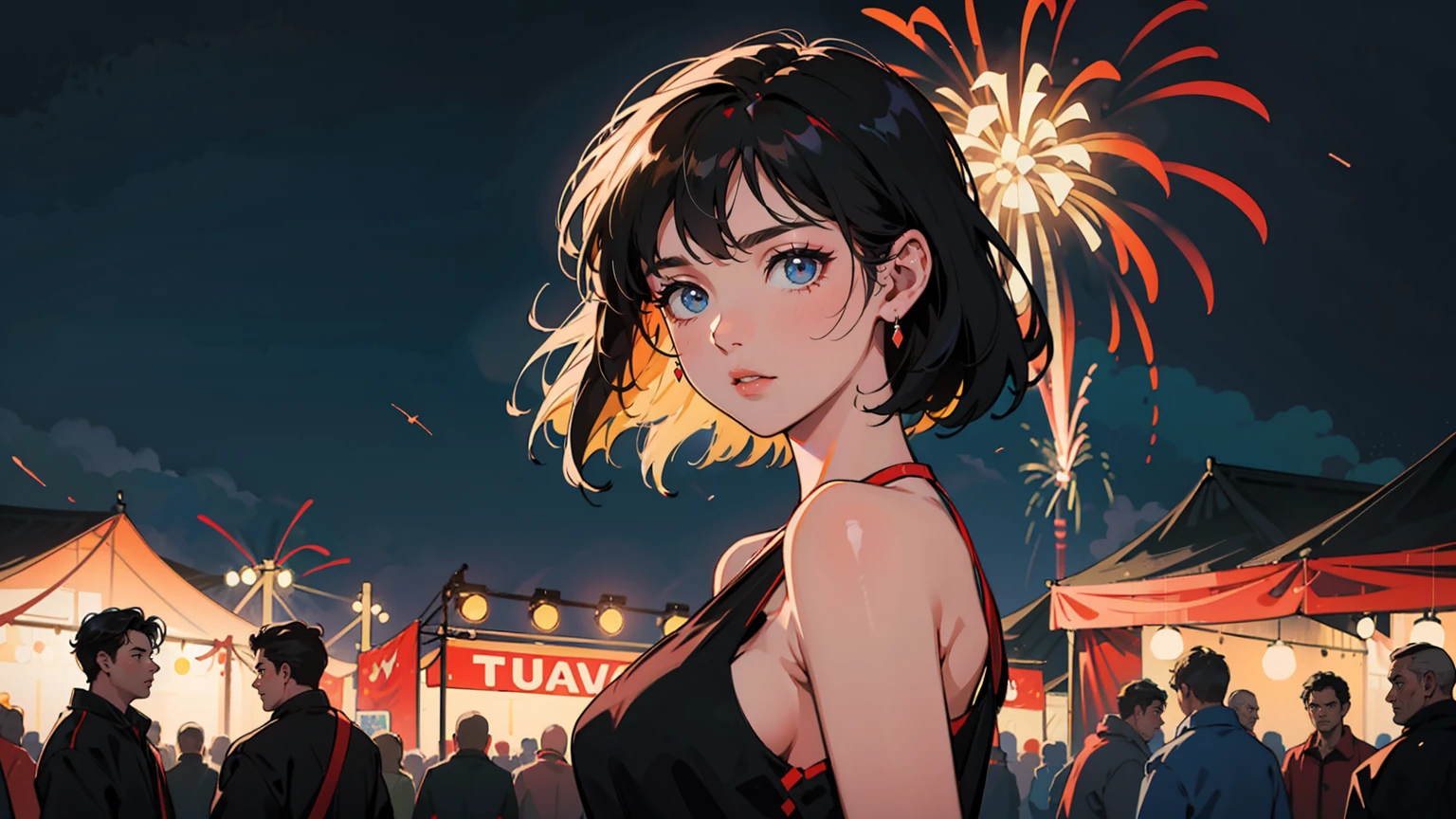 Upper body shot of sultry, heartbroken young woman, left-aligned. Turning towards camera, melancholy yet defiant expression. Revealing, slightly disheveled black tank top. Tousled dark hair.
Right side and upper half of background: vibrant fireworks display. Bursts of red, gold, blue against night sky.
Lower right: silhouettes of distant festival structures.
Bottom third: blurred crowd of festival-goers. Dark outlines, no distinct features. Suggests bustling atmosphere.
Woman illuminated by soft, colored glow from fireworks. Clear separation between woman and fireworks - no overlap.
Stark contrast between woman's isolation and lively festival scene behind her.