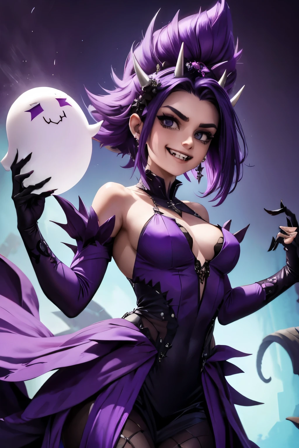 Ghost, (monster girl), purple skin, spikes, spiky purple hair, a fanged grin, floating hands, dressed in a dark-purple dress, floating in midair, masterpiece, best quality