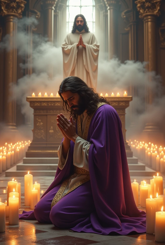 (photorealism:1.2), Crying handsomeJesus Christ, kneel praying under the altar of the priest that full of clouds and sorrounded of many candles, wearing purple king clothes with light in his head and heart spreading all over, perfect five finger, long beautiful hair, indoors, soft lighting, clouds in background, beautiful light, perfect church and clouds, relaxed pose, realistic, intricate details, warm colors,