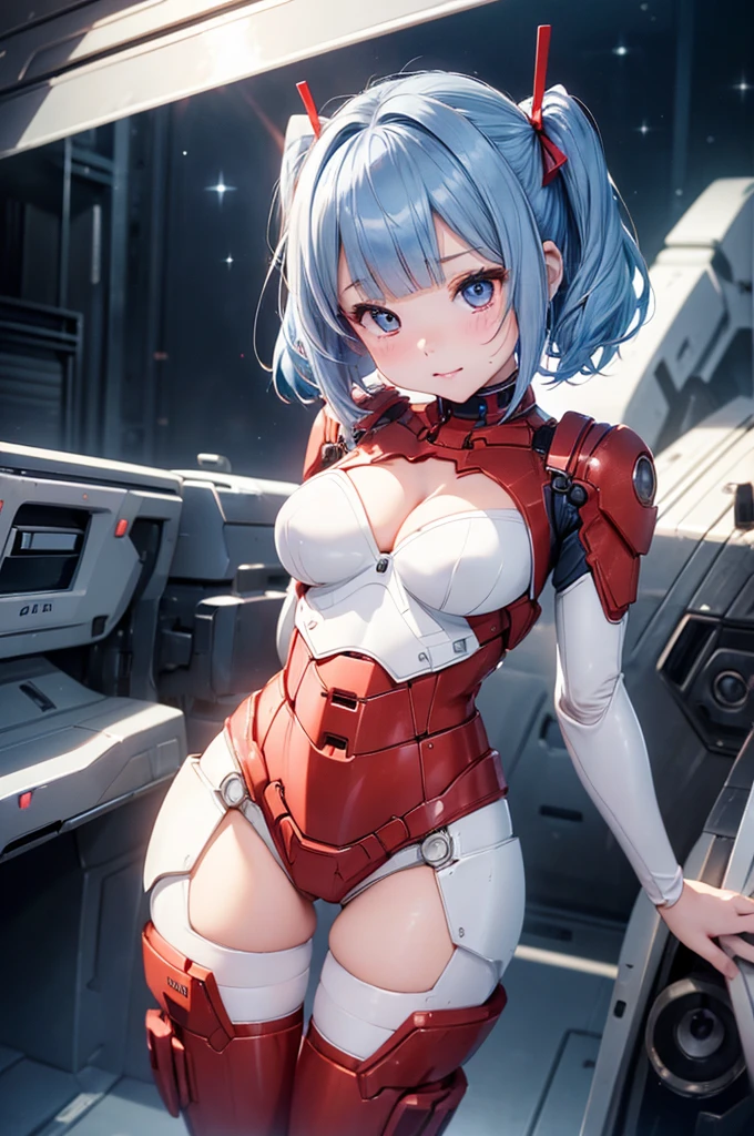(chibi:1.2)、Absurd, Super detailedな,(In 8K:1.3),Masseter muscle area,(masterpiece:1.2)、(Highest quality)、4K、Super detailed、(Movement Structure:1.4)、(Shining Lights、Atmosphere lighting), High resolution, Best Quality、(One person:1.4),Super detailedな,Bright colors、Treebreak Production Art、(Warm color light source:1.2),High-level image quality、Fine image quality、Intricate details,Volumetric Lighting,Realism BREAK、Profile、 Idol face、、Very beautiful face and eyes, Beautiful images、natural make up、 big eyes,、 (full-body shot:1.3)、 (Big Tits)、(curvy body)、(glossy skin :1.5)、(Baby Face:1.5)、(cleavage:1.4)、(white pupils:1.2)、 (universe:1.5)、 (blue hair,short hair、blunt bangs、twintails、Red ribbon:1.2)、(detailed clothes features、android suit:1.5)、 (smirk:1.2)、(arms behind back:1.4), (petite:1.4),(white skin:1.5), (petite:1.3)