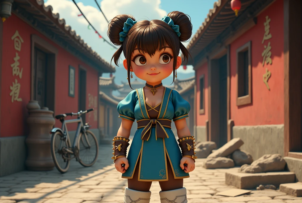 A movie poster depicting 1girl, a female fighter (Chun li a little chubby, cute smiling, huge eyes, (a bit curvy, small breasts, round ass, (short sized torso), medium mouth, very thick lips, almond-shaped eyes, chestnut hair, Gorgeous body, Beautiful large head and very symmetrical face. Very detailed clothing, street fighter, brown eyes, blue dress, ((pelvic curtain), (brown pantyhose), china dress), white cross-laced boots, bracelet, gold trim, jewelry, puffy sleeves, sash, short sleeves, side slit, spiked bracelet, spikes, double bun, hair accessories,cleavage, large nose, tan skin) in a folkloric chinese street, ((with the words "Street Fighter" written in large letters in the right side)), there's an old bicycle against the wall. Very detailed and intricate environment, 