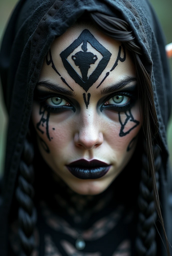 Close-up of a woman with a tattoo on her face., Dark Elf, Punk fraction, Intricate braids, Matte Portrait Photography, Beautiful female robot, dark skin, She is dressed in a shaman costume., Face with tattoos, Cryptopunk, Put on heavy makeup