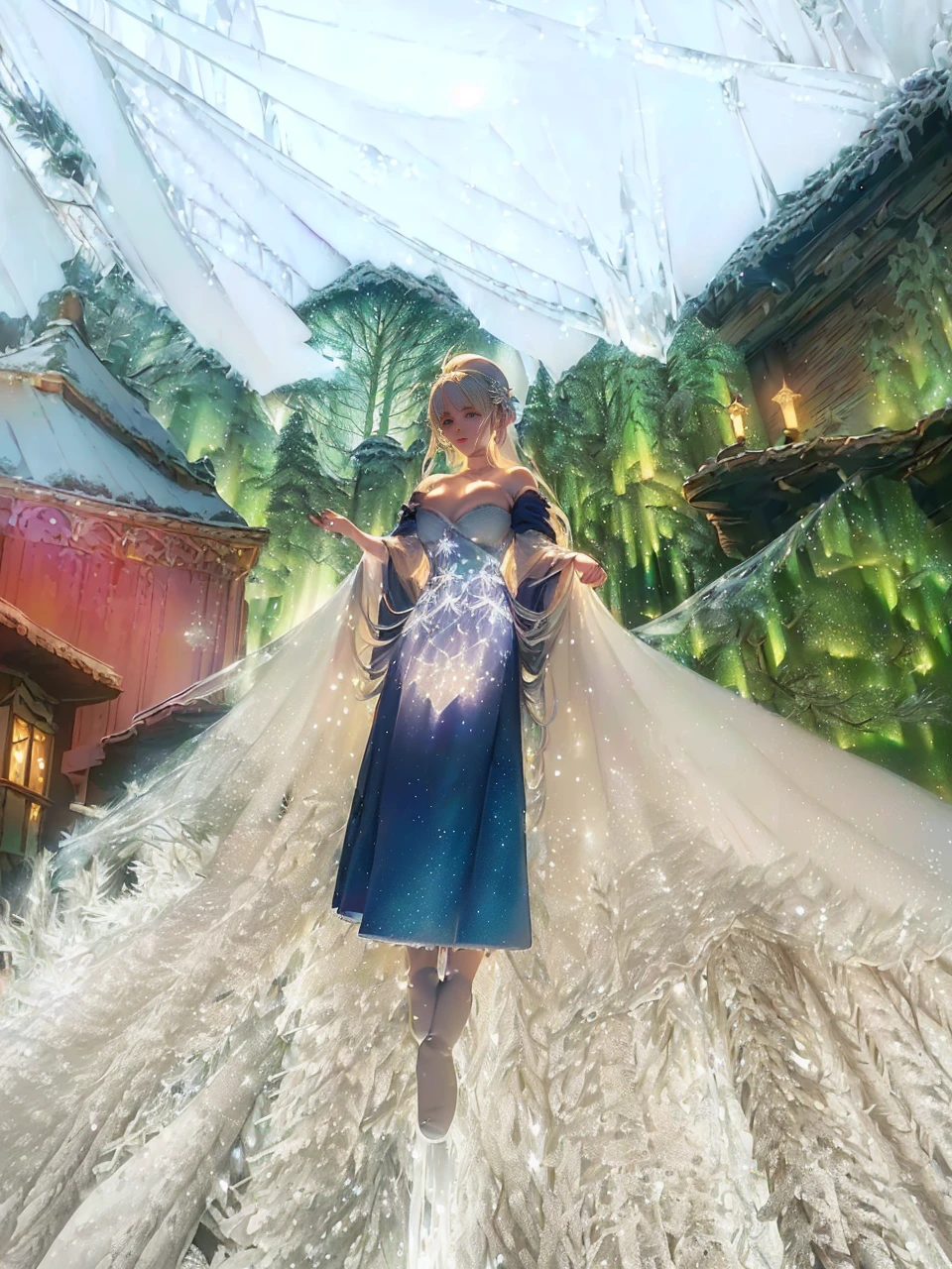 ((Highest quality)),((Detailed anime)),(((Delicate winter fairy, Icy blue wings, Dancing gracefully in the snowy forest. Her hair is as white as fresh snow, Decorated with tiny icicles that sparkle in the moonlight. She is wearing a gown made of frosty lace and snowflakes, And her breath is small, Clouds sparkling in the cold air. The forest is quiet and peaceful, Tall pine trees covered in thick snow. The ground is dotted with sparkling ice crystals and frozen streams.. background, The Aurora Borealis casts a magical glow across the sky, Creates an otherworldly atmosphere. Fantasy art style, Detailed and vivid textures, Cool color palette))),((Browsing Caution)),(((Sexy pose))