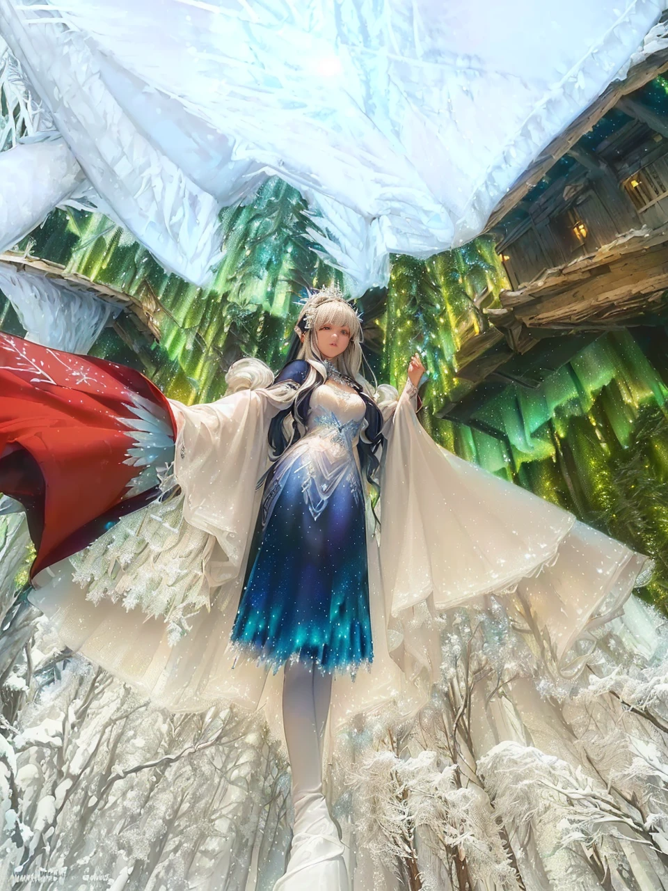 ((Highest quality)),((Detailed anime)),(((Delicate winter fairy, Icy blue wings, Dancing gracefully in the snowy forest. Her hair is as white as fresh snow, Decorated with tiny icicles that sparkle in the moonlight. She is wearing a gown made of frosty lace and snowflakes, And her breath is small, Clouds sparkling in the cold air. The forest is quiet and peaceful, Tall pine trees covered in thick snow. The ground is dotted with sparkling ice crystals and frozen streams.. background, The Aurora Borealis casts a magical glow across the sky, Creates an otherworldly atmosphere. Fantasy art style, Detailed and vivid textures, Cool color palette))),((Browsing Caution)),(((Sexy pose))