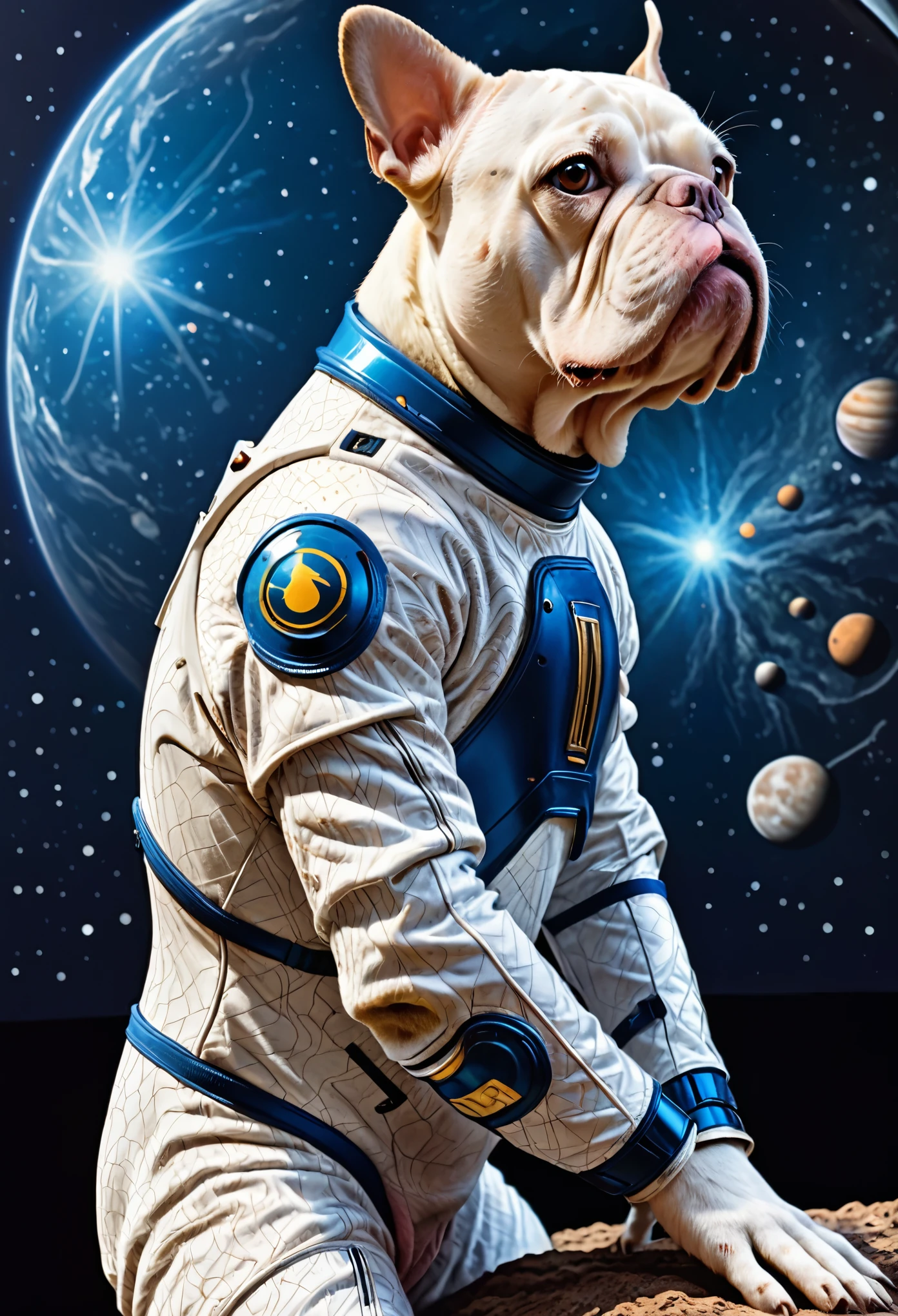 Color ink pen hand drawing, vector graphics design, (best quality, masterpiece:1.2), side view, anthropomorphic, a bulldog, Have Space Suit — Will Travel, simple lines, looking to camera, serteuse look, sci-fi detailed environment, (natural textures, hyperrealism, soft light, sharp:1.2), (intricate details:1.1), hdr, bokeh