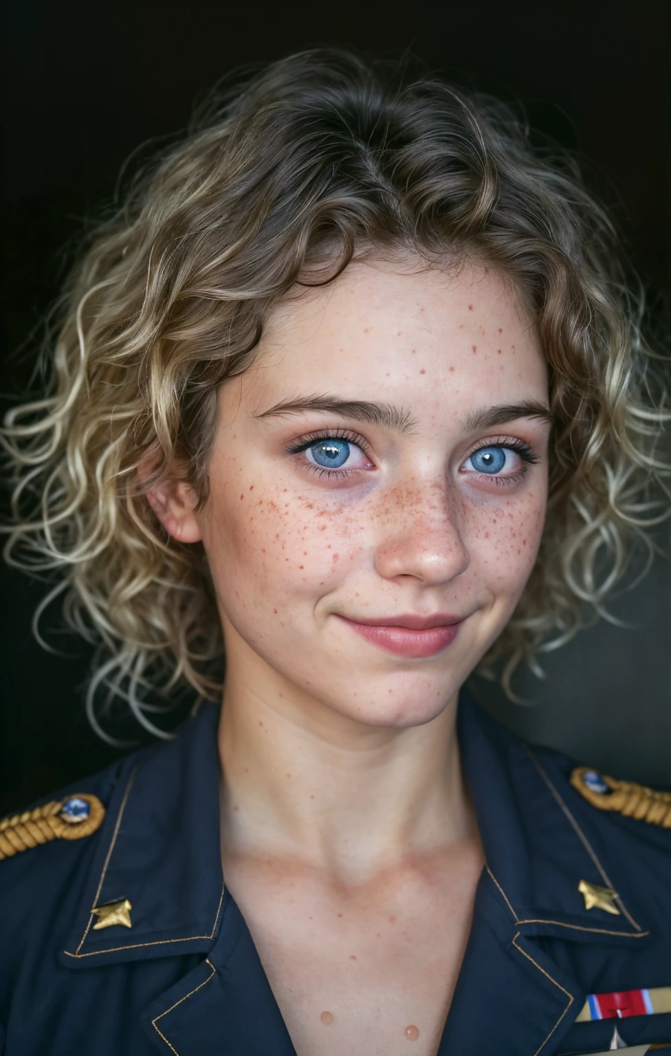(Close-up, editorial photograph of a 21 year old woman), (highly detailed face:1.4) (smile:0.7) (background inside dark, moody, private study:1.3) POV, by lee jeffries, nikon d850, film stock photograph ,4 kodak portra 400 ,camera f1.6 lens ,rich colors, hyper realistic ,lifelike texture, dramatic lighting , cinestill 800, wavy hair, messy hair, short hair, curls, Silly smirk, Blue hair, Blue Eyes, freckles, White Skin, Military Uniform, Astral Plane, American expressions, American woman, American skin, Athletic body, Wet Hair, selfie